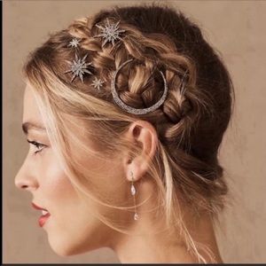 Crystal Crescent Moon And Stars Hairpins in Gold NIB